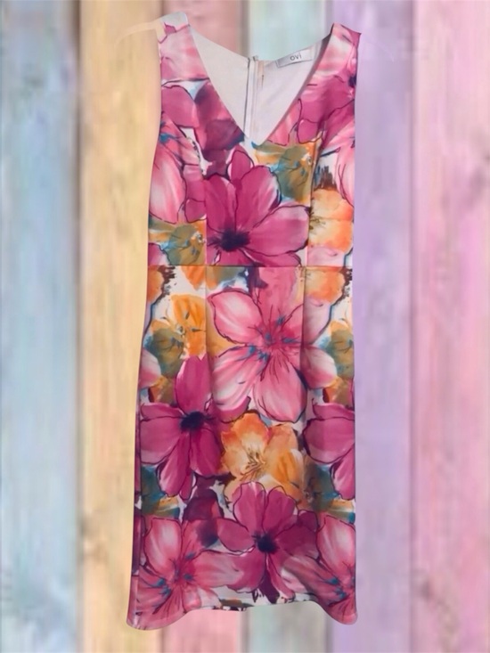 Ovi Dresses & Skirts - Ovi Fuchsia Pink Yellow Floral Print Sleeveless Sheath Lined Dress NWOT